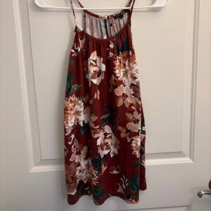 Rust Red Floral Print Sleeveless Dress with Spaghetti Straps